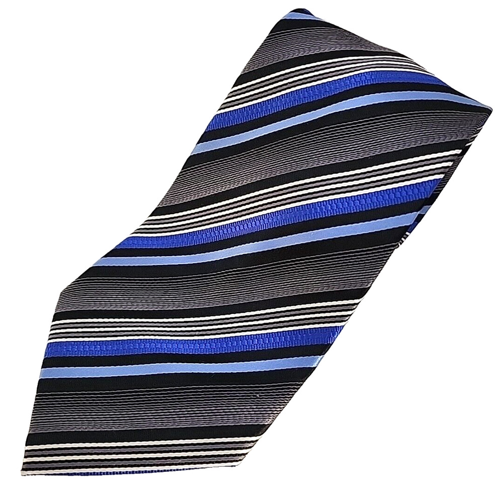 Ertu Silk Necktie Classic Blue-Silver-Black Stripes - Italy - Like New